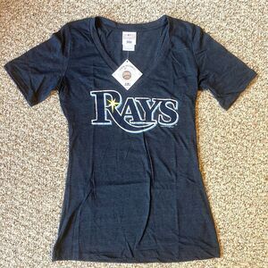 NWT MLB Tampa Bay Rays Classic T-Shirt Womens Fan Baseball Logo V-Neck Blue Team